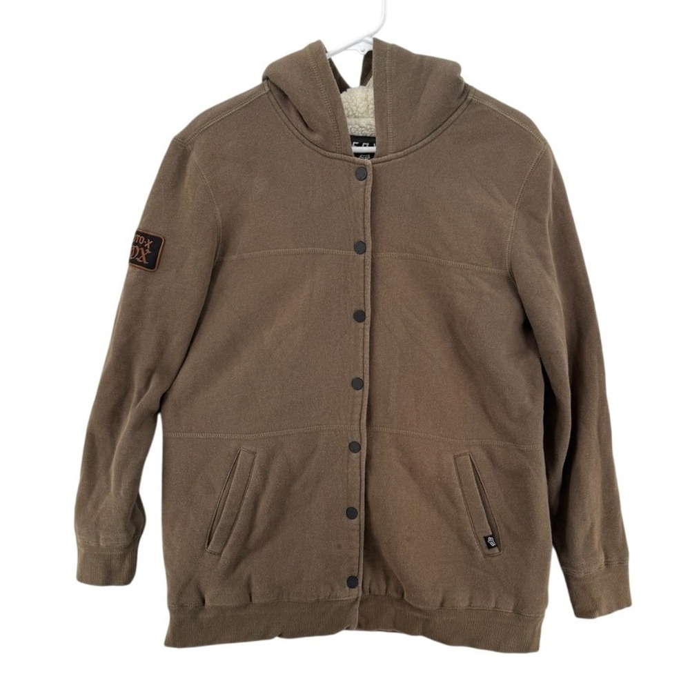 Fox Moto-X Jacket Mens‎ Medium Brown Sherpa Lined Hooded Snap Front Fleece Moto